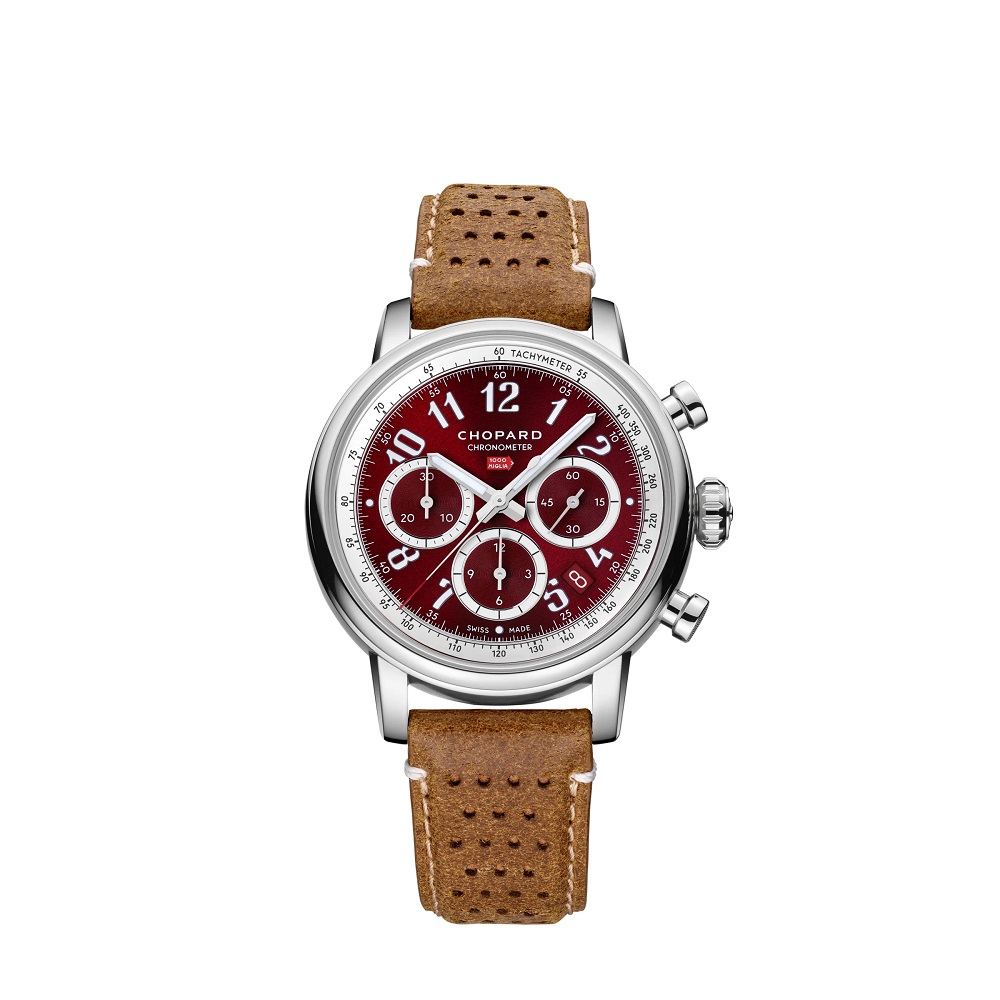 Steel watch rosso red dial and leather Chronograph Mille Miglia